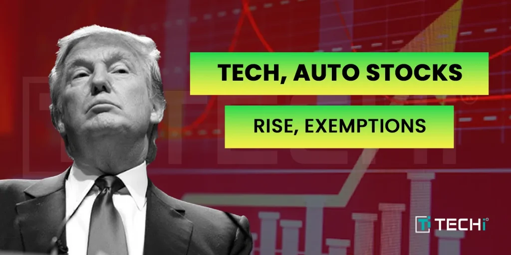 Donald Trump with rising stock market charts in the background, highlighting tech and auto stock surge due to tariff exemptions.
