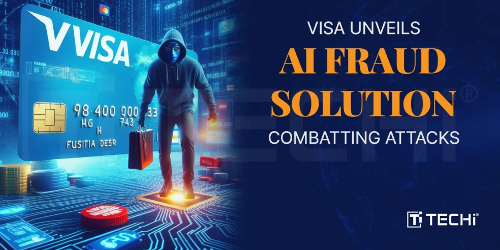 Illustration of a masked hacker with a briefcase standing in front of a giant Visa credit card, symbolizing cyber threats; caption text reads “Visa Unveils AI Fraud Solution Combating Attacks.”