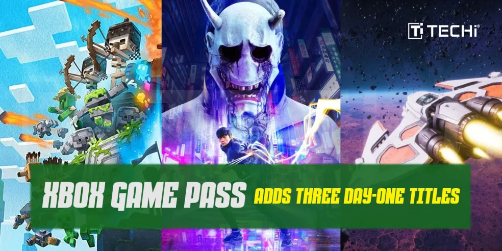Illustration showcasing three new video game titles added to Xbox Game Pass as day-one releases, including action, sci-fi, and adventure-themed visuals.
