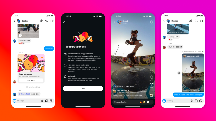 Instagram Blend feature screenshots showing group reels feed and direct messaging interface.