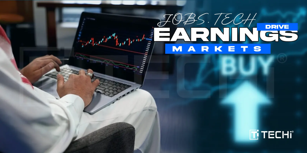 Investor analyzing stock charts on a laptop with "BUY" signal in the background during stock market recovery phase.