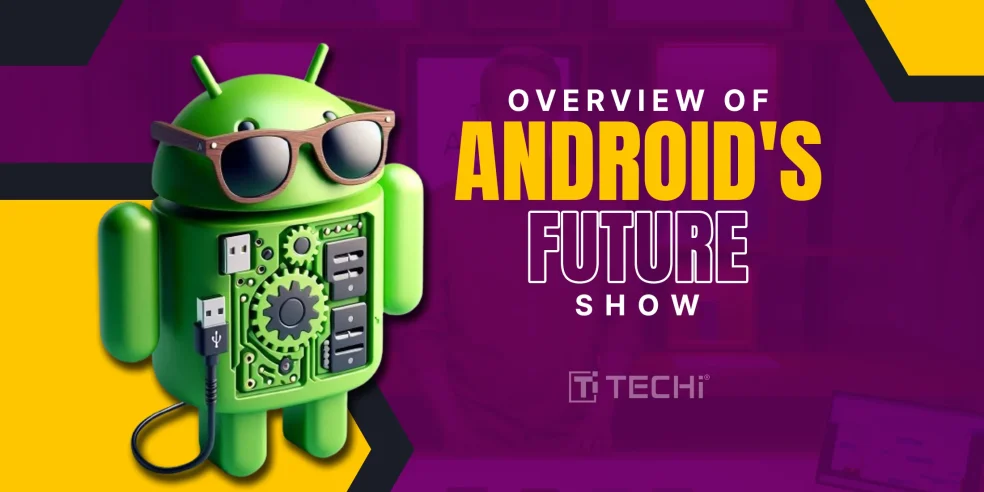 Android robot wearing sunglasses with tech ports, representing future Android updates from Google I/O 2025