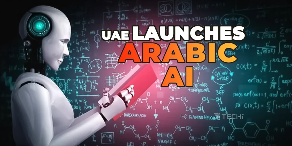 Robot holding tablet with Arabic AI concept, equations in background
