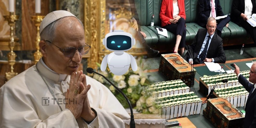 Pope expressing concern about AI, with a robot illustration and politicians debating in the background.