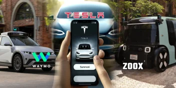 Tesla, Waymo, and Zoox self-driving robotaxis compared with a mobile summon app interface in the center.