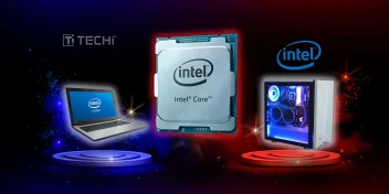 Intel processor chip showcased between a laptop and desktop PC, symbolizing Nova Lake-HX's mobile and desktop integration with new BGA 2540 socket.