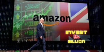 Jeff Bezos walks across a stage with Amazon and UK flag in the background, symbolizing Amazon’s $54 billion investment in Britain.