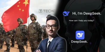 Chinese soldiers with national flag, DeepSeek AI logo, and digital assistant interface, highlighting links between DeepSeek and China's military intelligence.