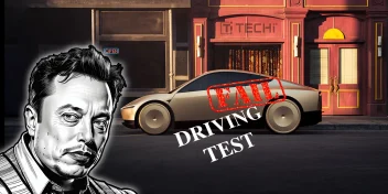 Elon Musk illustration beside a Tesla robotaxi marked "FAIL" during a driving test in front of a Techi storefront.