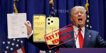 Donald Trump holding a paper next to Trump T1 smartphone with "Key Feature Removed" stamp.