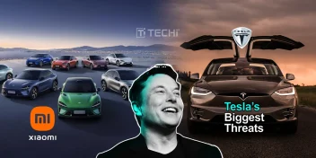 Xiaomi electric vehicles lineup versus Tesla Model X, symbolizing growing EV competition with Elon Musk at the center.