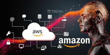Illustration of a digital human head connected to Amazon AWS cloud and AI services, representing AI leadership and technology integration.