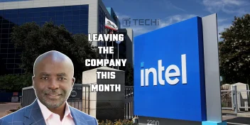 Intel Chief Strategy Officer Safroadu Yeboah-Amankwah in front of Intel headquarters, with bold text announcing his departure.