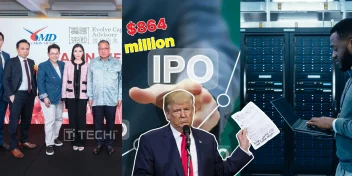 NTT’s $864 million IPO announcement with Singapore business leaders, IPO concept graphics, and a data center engineer working in server racks.