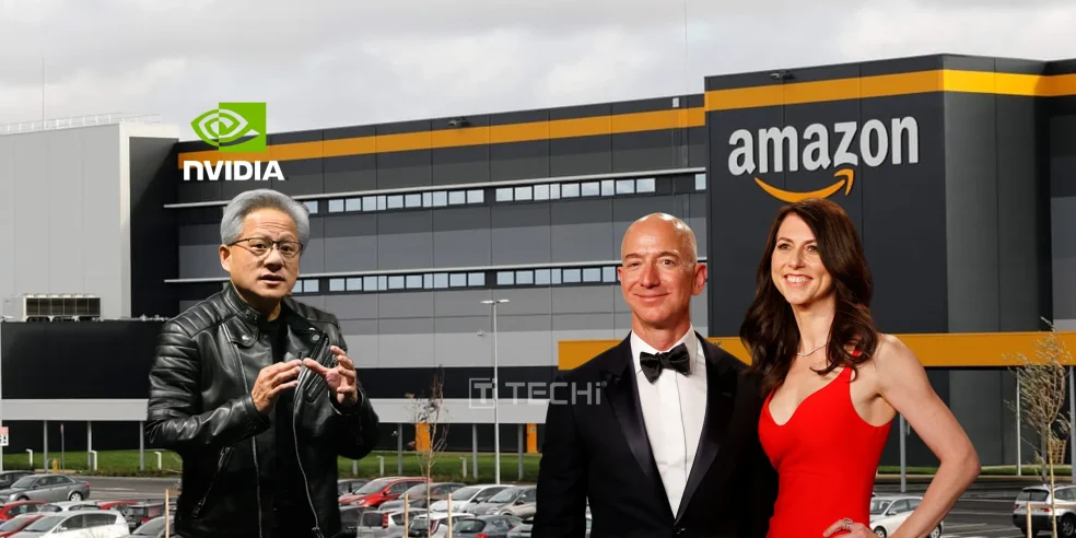 Jensen Huang, Jeff Bezos, and MacKenzie Scott in front of an Amazon building with Nvidia and Amazon logos.