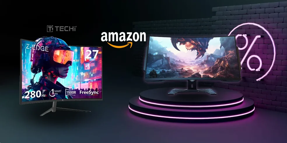 Two high-performance gaming monitors with Amazon branding, featuring the Z-Edge 280Hz curved monitor alongside another premium display designed for high-end gaming setups.