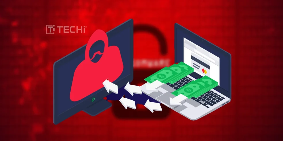 Illustration of ransomware attack showing hacker stealing money through online system.