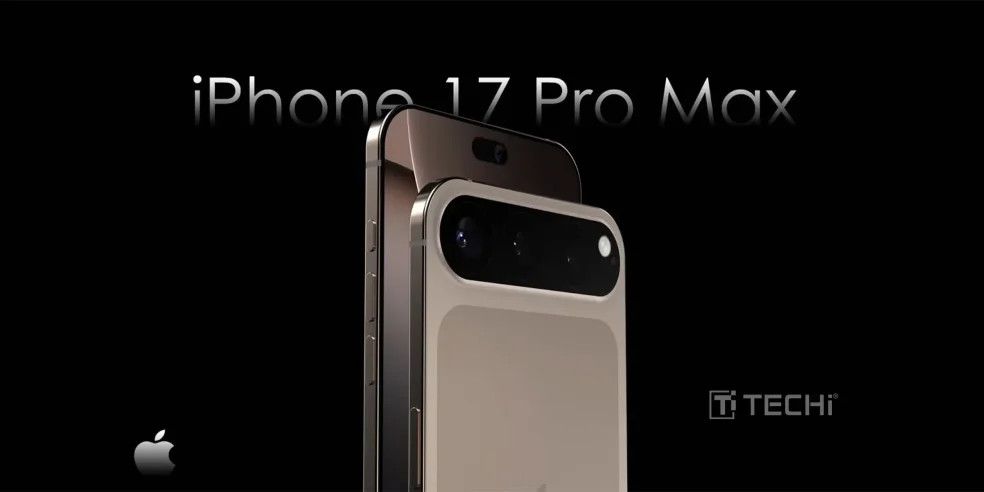 iPhone 17 Pro Max concept design showcasing sleek build, new camera layout, and premium finish in a dark-themed teaser.