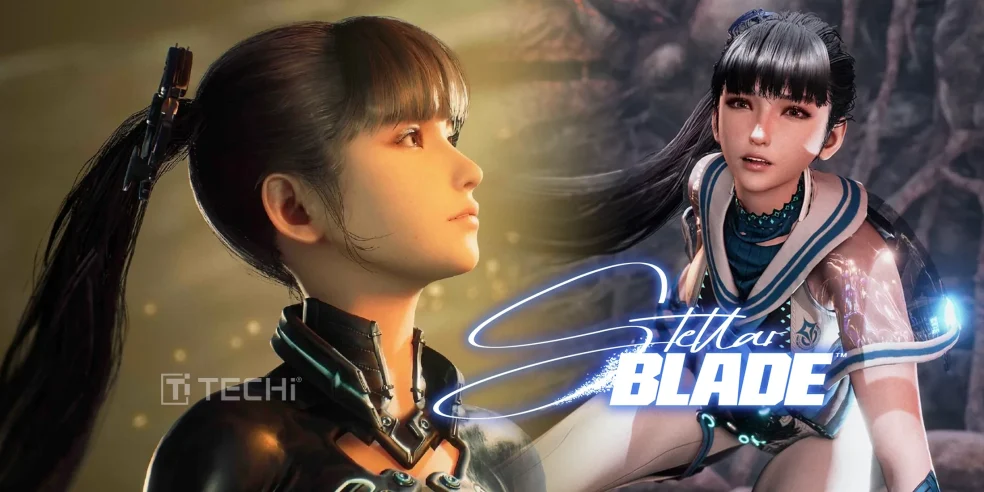 Main character Eve from Stellar Blade shown in two dynamic poses, highlighting the game’s visual design and action theme.