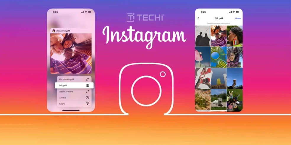 Instagram profile grid rearranging feature displayed on mobile screens with gradient background and Instagram logo.