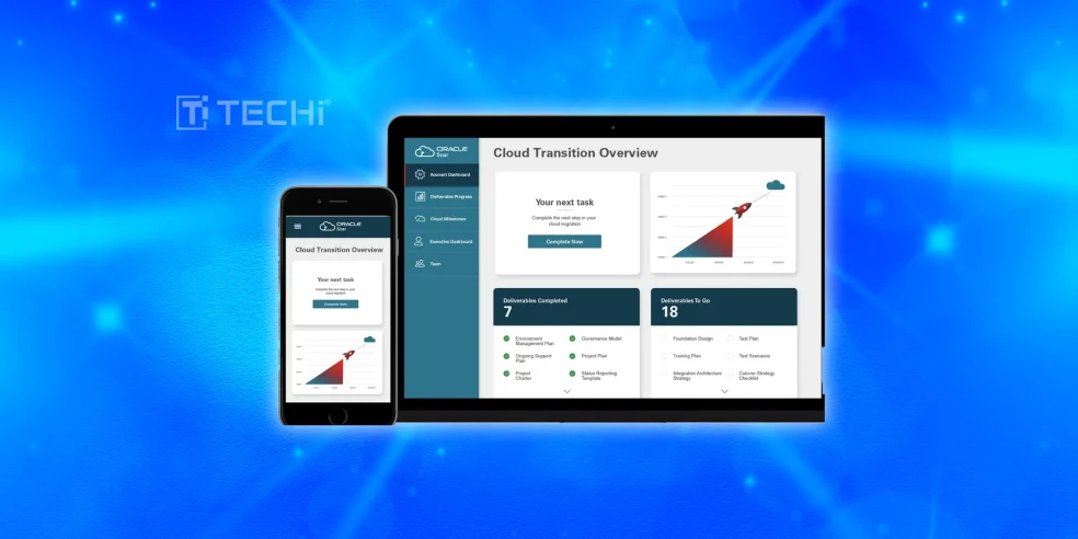Oracle Cloud Transition Overview displayed on smartphone and tablet, showing task progress and cloud migration metrics.