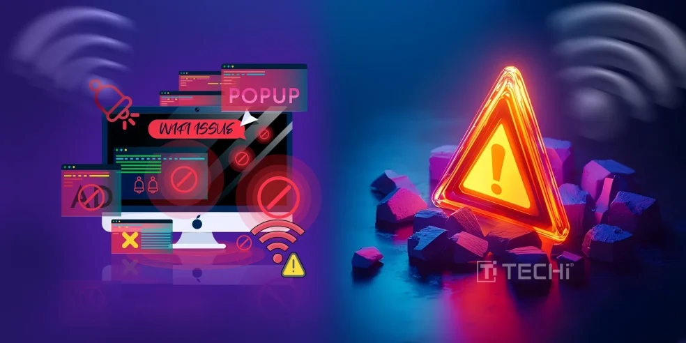 Illustration showing internet outage warning with broken Wi-Fi signals, error popups, and a glowing caution sign.