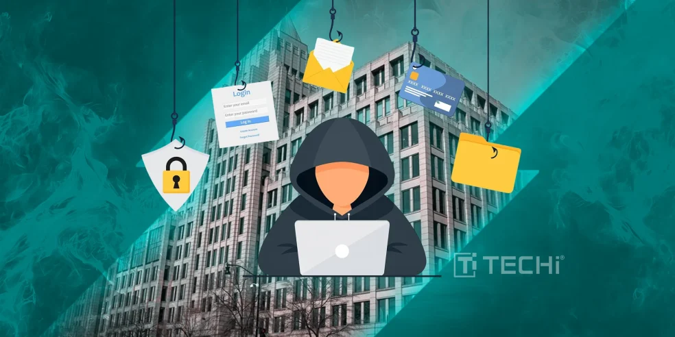Illustration of a hacker targeting a newsroom with phishing icons over a corporate building, symbolizing a cyberattack on journalists.