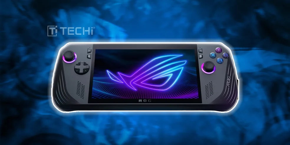 ASUS ROG Ally handheld gaming console with illuminated controls and futuristic ROG logo displayed on screen, set against a vibrant blue background.
