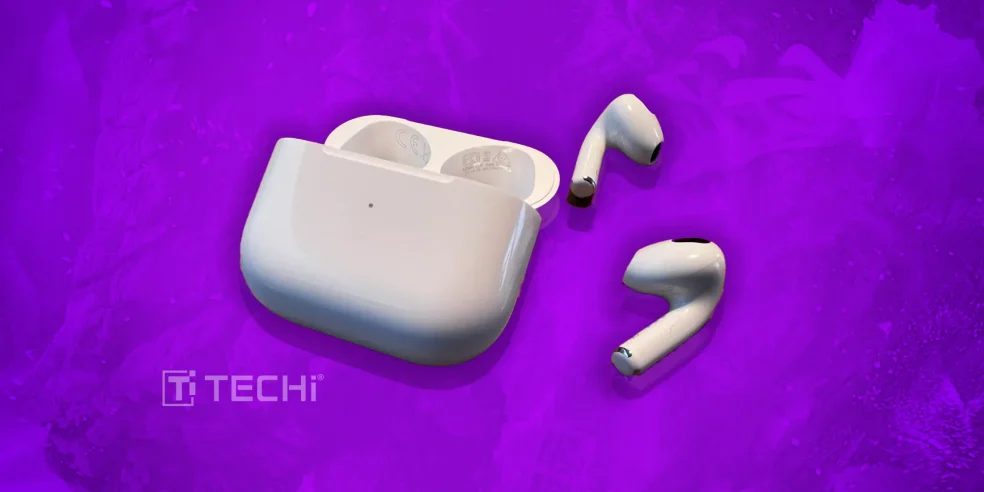 Apple AirPods with open charging case displayed on a purple background.