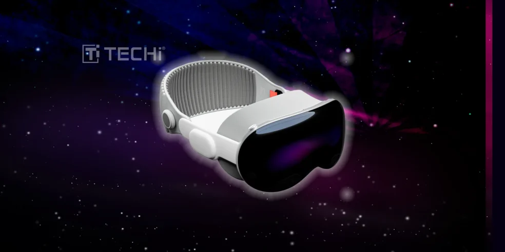 Apple Vision Pro headset with a sleek white and black design, floating against a futuristic purple galaxy background, symbolizing spatial computing and immersive technology.