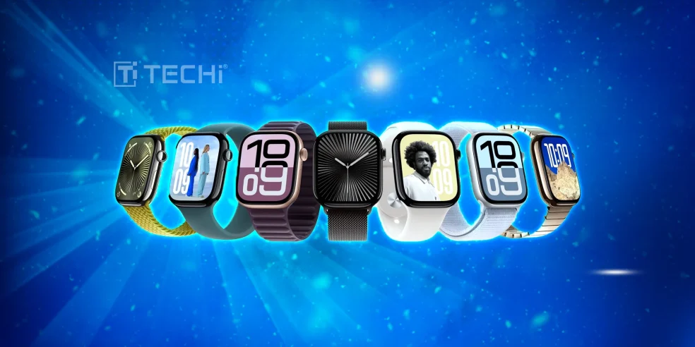 Multiple Apple Watch Series 10 models displayed against a blue background.