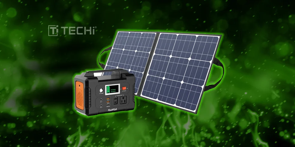 FlashFish portable solar battery charger with a foldable solar panel on a green tech background.