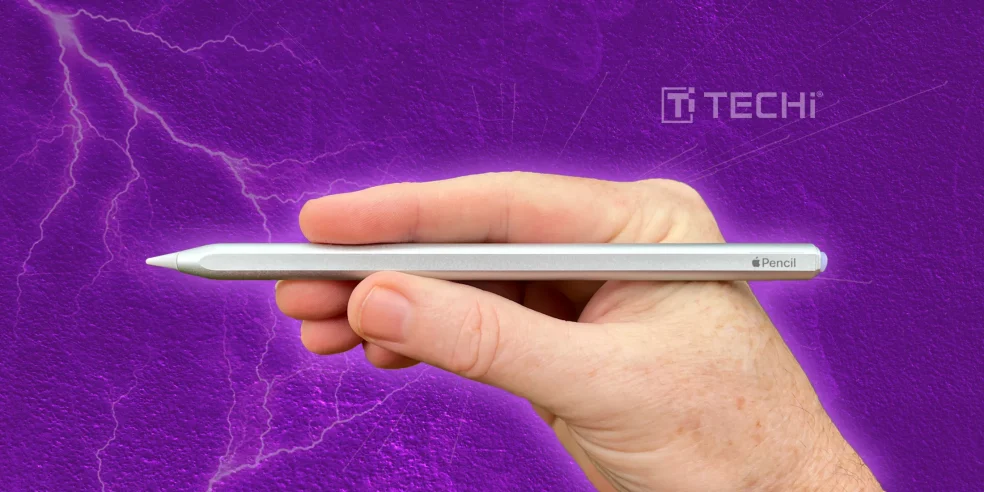 Hand holding an Apple Pencil with a lightning-textured purple background.