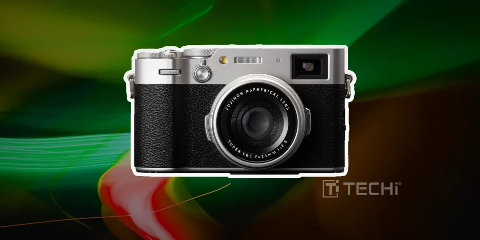 Retro-styled Fujifilm X100VI camera with silver and black finish and classic lens design.