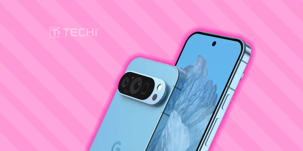 Google Pixel 9 Pro smartphone in blue featuring a triple-lens rear camera and AMOLED display.