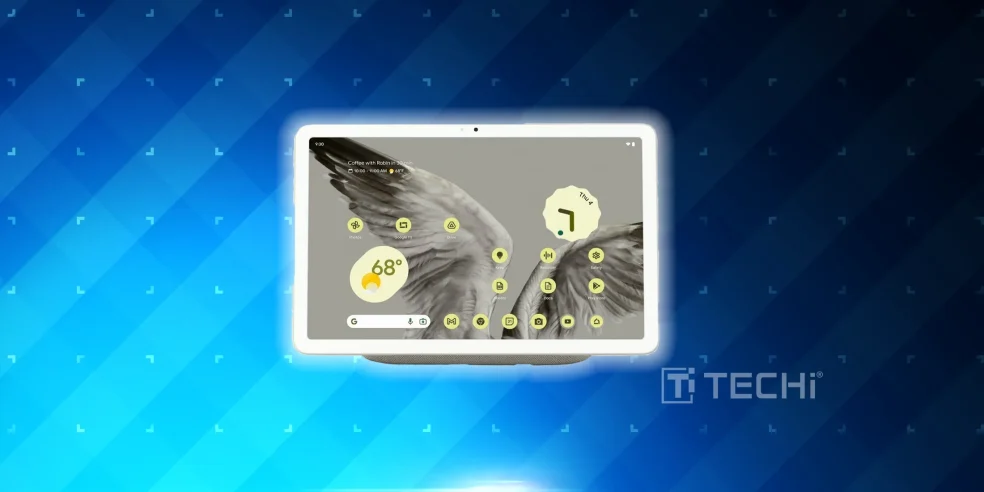 Google Pixel Tablet with smart home interface and docked display against a blue tech background.