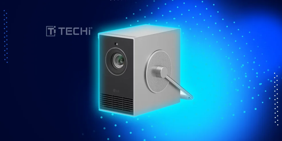 LG CineBeam Q portable projector with a retro design and smart TV features, shown on a glowing blue background with TECHi logo.