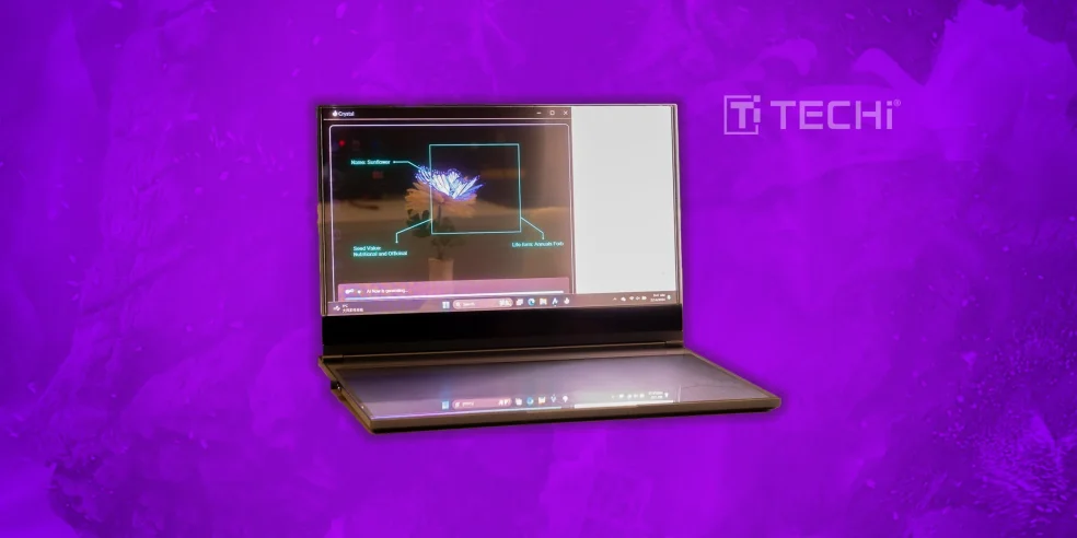 Transparent Lenovo concept laptop showcasing AI-generated flower identification on screen.
