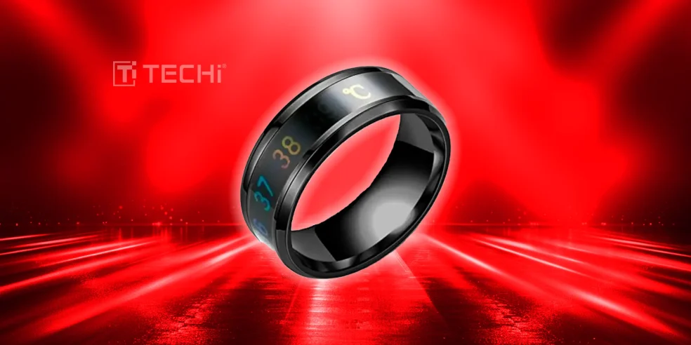 The futuristic Samsung Galaxy Ring with digital temperature display glowing on a red tech-themed backdrop with TECHi watermark.