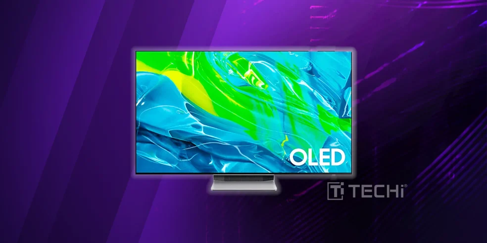 Samsung S95D OLED TV displayed on a purple digital background, showcasing vivid color accuracy and ultra-thin screen with TECHi branding.