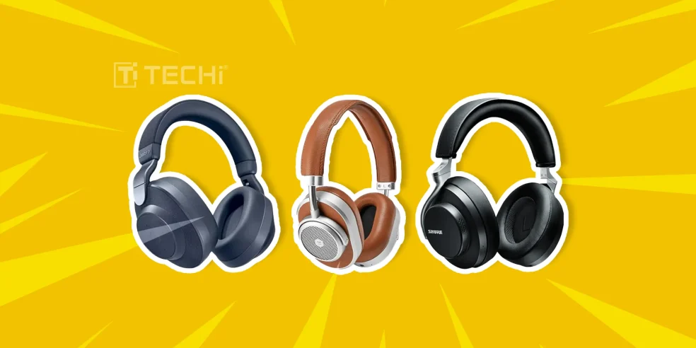 A lineup of premium noise-cancelling headphones from Jabra, Master & Dynamic, and Shure on a vibrant yellow background with the TECHi logo.
