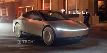 Tesla prototype robotaxi car at night, captured on a street in Austin with the Tesla logo and dramatic lighting.