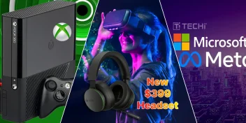 A promotional image showcasing Xbox 360, a woman wearing a VR headset, Xbox headphones, and the Microsoft x Meta $399 VR collaboration.