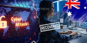 A cyber attack alert alongside a woman in a control room with an Australian flag and a "Recovered" stamp, symbolizing Australia’s faster cyber recovery.