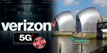 Verizon logo with 5G badge and Thames Freeport facility, representing Verizon's private 5G network contract in the UK.