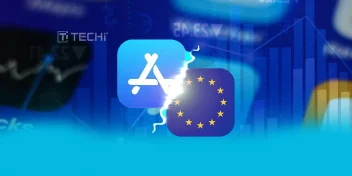 Apple App Store logo and EU flag split with lightning, symbolizing regulatory conflict and policy changes in Europe
