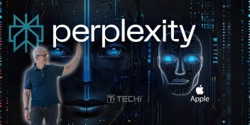 Tim Cook high-fiving Perplexity AI logo with futuristic AI faces and Apple branding in the background