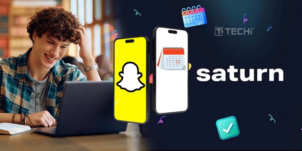 Student using laptop beside Snapchat and Saturn calendar icons – representing Snap’s acquisition of the social scheduling app Saturn.