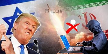Tension between Israel, Iran, and the U.S. with Donald Trump, hacker figure, missile launch, and cyber warfare imagery