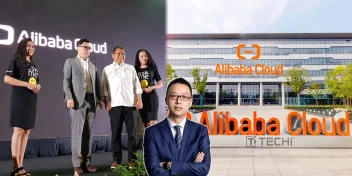 Alibaba Cloud executives and officials at Southeast Asia expansion event alongside headquarters with branding